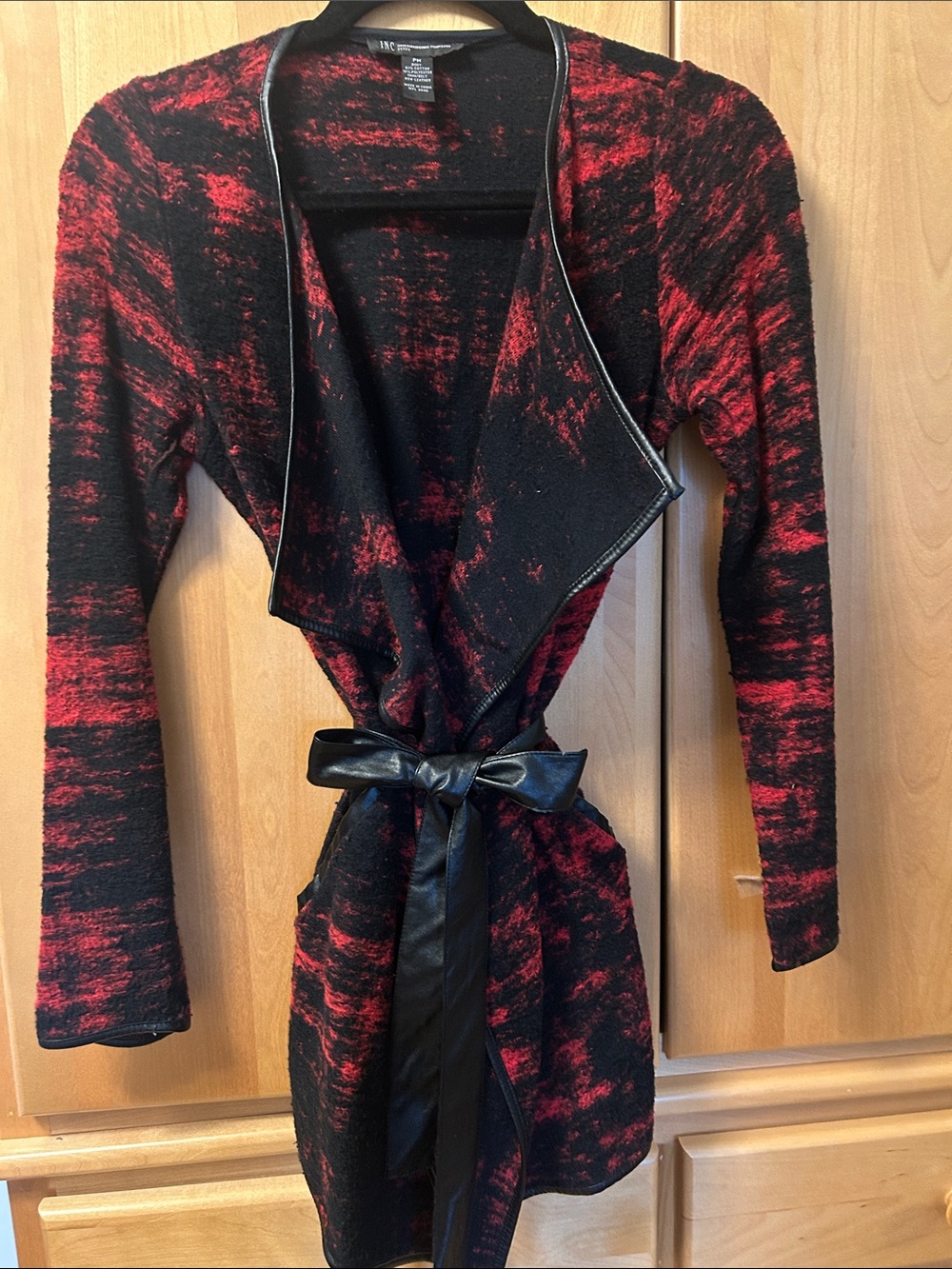 INC International Concepts Red and Black Marled Open Cardigan with Belt